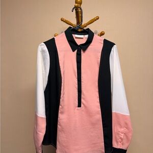 Women’s New York & Company Lightweight Pink Black White Colorblock Dress Shirt